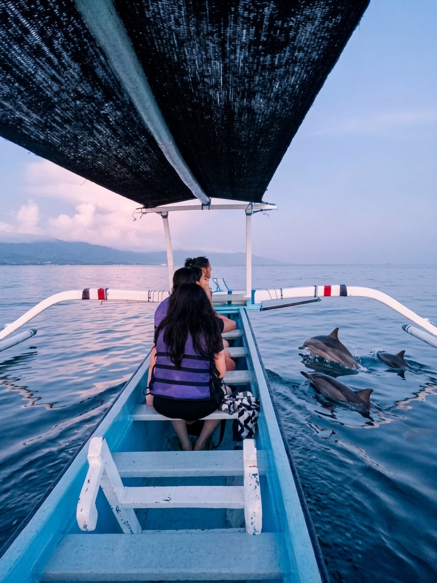 Sunrise over the calm Lovina Sea seen from a traditional Balinese jukung boat